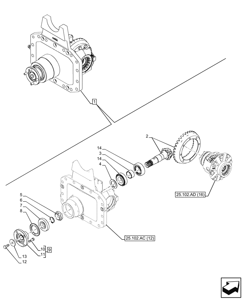 Схема запчастей Case IH PUMA 240 CVT - (25.102.AB[10]) - VAR - 758048 - SUSPENDED FRONT AXLE, DIFFERENTIAL, BEVEL PINION (25) - FRONT AXLE SYSTEM