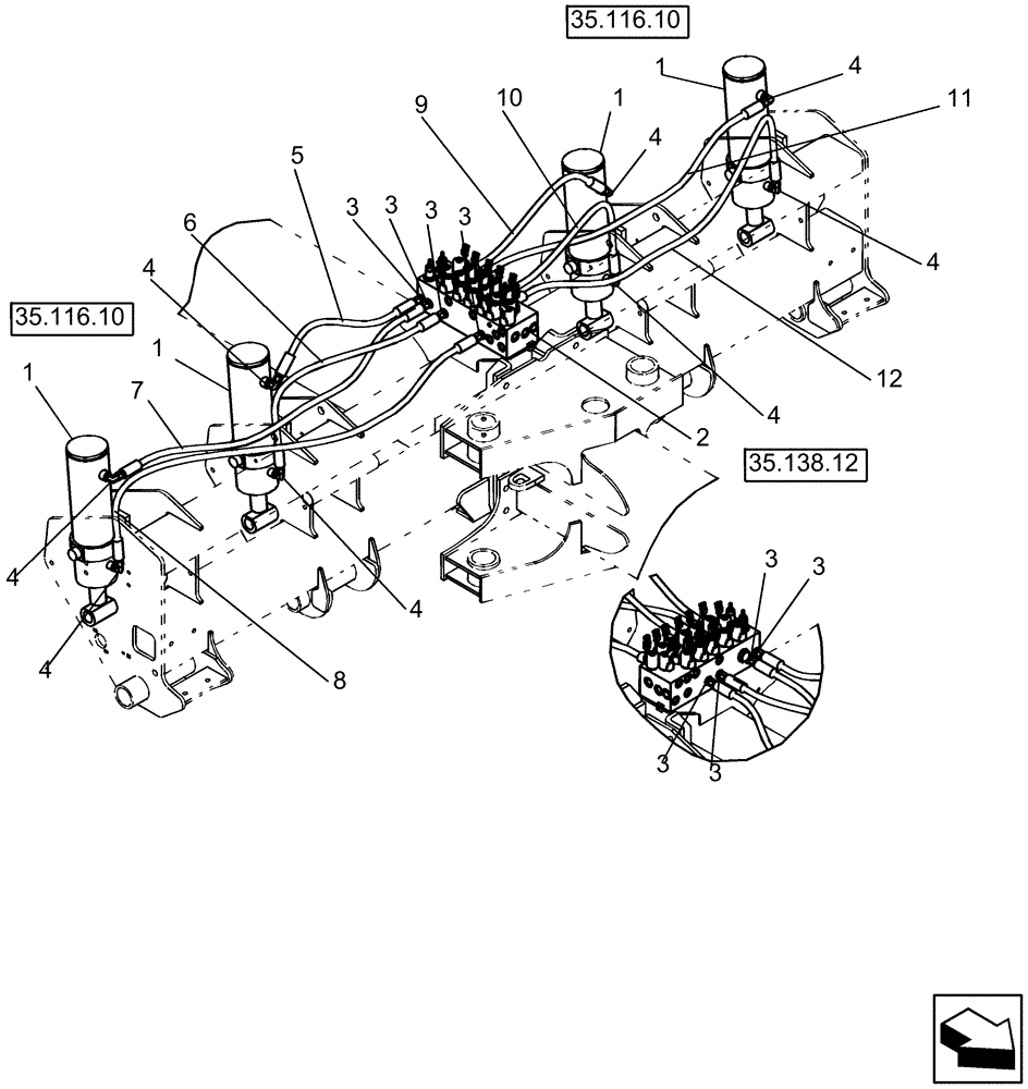 Схема запчастей Case IH 1250 - (35.100.02) - HYDRAULICS - CENTER LIFT WHEELS HOSE ROUTING - 24 ROW (35) - HYDRAULIC SYSTEMS