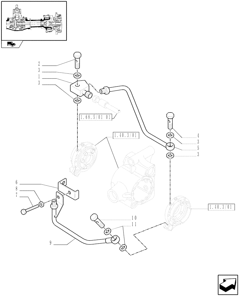 Схема запчастей Case IH FARMALL 85N - (1.40.3/13) - STD FRONT AXLE W/ELECTROHYDR. DIFF. LOCK, W/FRONT BRAKES - PIPES (VAR.336329) (04) - FRONT AXLE & STEERING