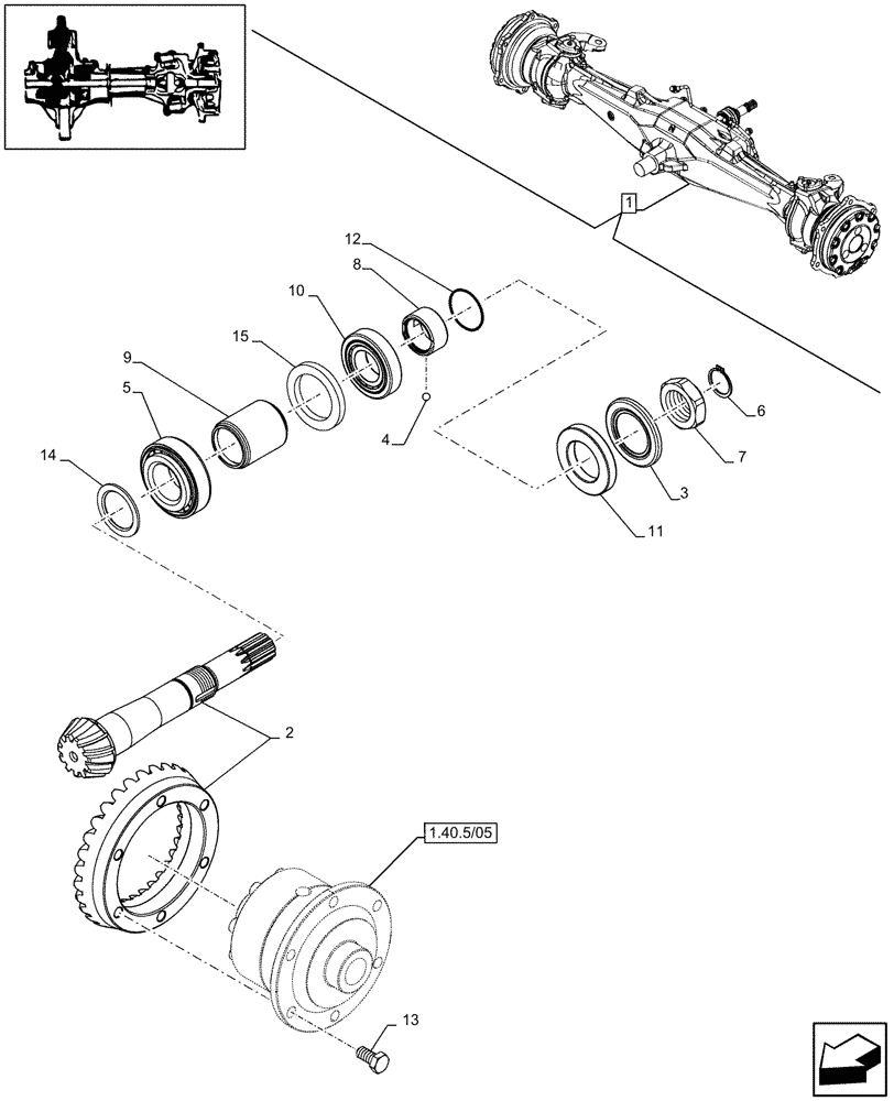 Схема запчастей Case IH JX80 - (1.40.5/04) - 4WD FRONT AXLE, DIFFERENTIAL, BEVEL GEAR - FOR HIGH CLEARENCE VERSION (04) - FRONT AXLE & STEERING