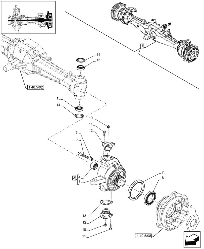 Схема запчастей Case IH JX90 - (1.40.5/07) - 4WD FRONT AXLE, STEERING KNUCKLE - FOR HIGH CLEARENCE VERSION (04) - FRONT AXLE & STEERING