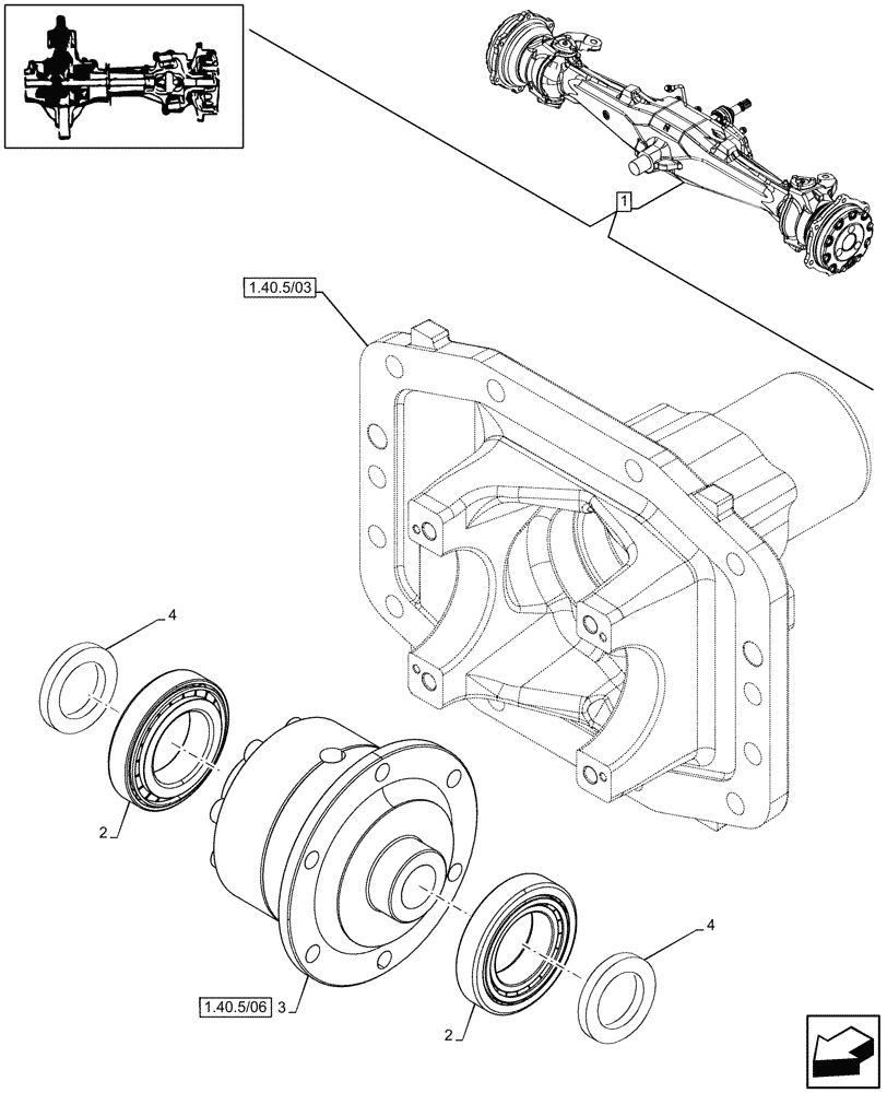 Схема запчастей Case IH JX80 - (1.40.5/05) - 4WD FRONT AXLE, DIFFERENTIAL GEAR - FOR HIGH CLEARENCE VERSION (04) - FRONT AXLE & STEERING