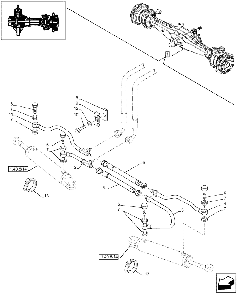 Схема запчастей Case IH JX80 - (1.40.5/13) - 4WD FRONT AXLE, STEERING CYLINDER HYD. LINE - FOR HIGH CLEARENCE VERSION (04) - FRONT AXLE & STEERING