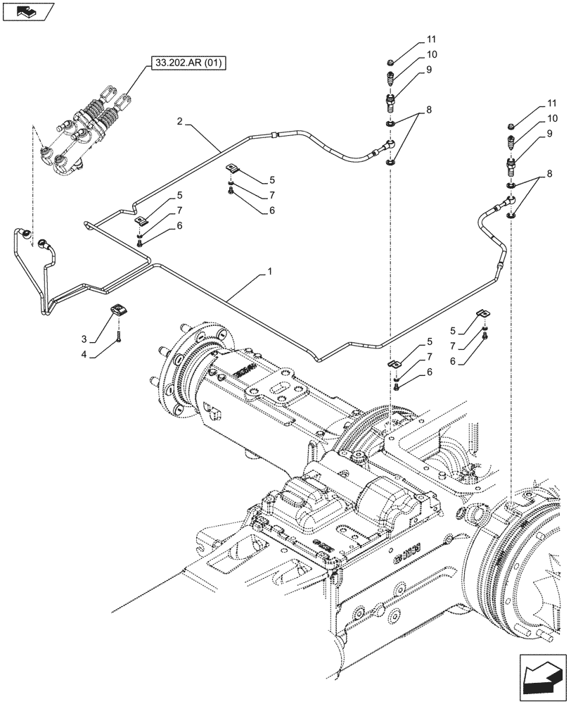 Схема запчастей Case IH FARMALL 85C - (33.202.BE[01]) - VAR - 743560, 743561, 744580, 744782, 330581 - BRAKE, HYDR LINES (33) - BRAKES & CONTROLS