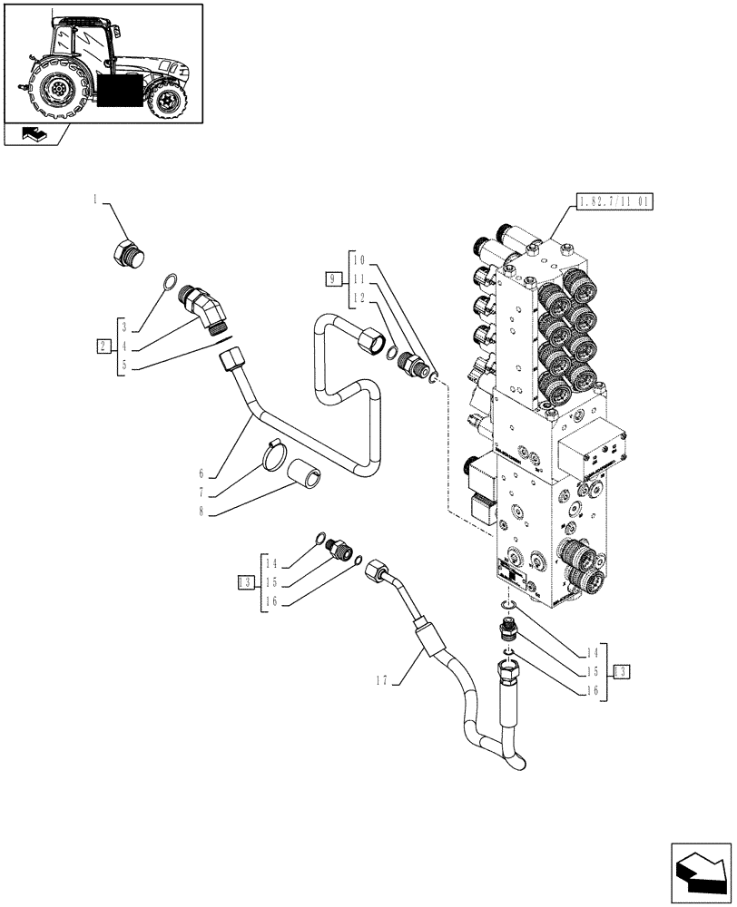 Схема запчастей Case IH FARMALL 95N - (1.82.1/06) - ELECTRONIC MID MOUNTED VALVES - PIPES (07) - HYDRAULIC SYSTEM