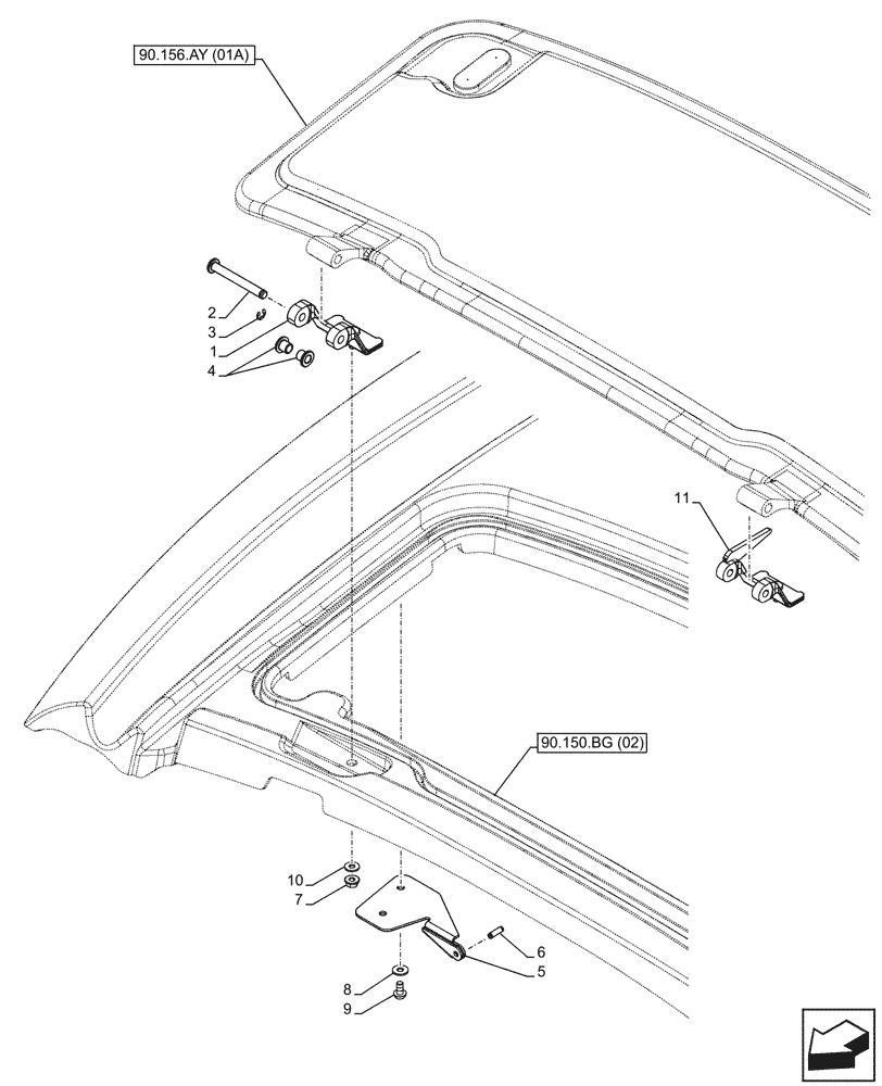 Схема запчастей Case IH FARMALL 90C - (90.150.BC[01A]) - VAR - 334183, 334211, 743496 - CAB ROOF, HATCH, HINGE - BEGIN YR 25-JUN-2016 (90) - PLATFORM, CAB, BODYWORK AND DECALS