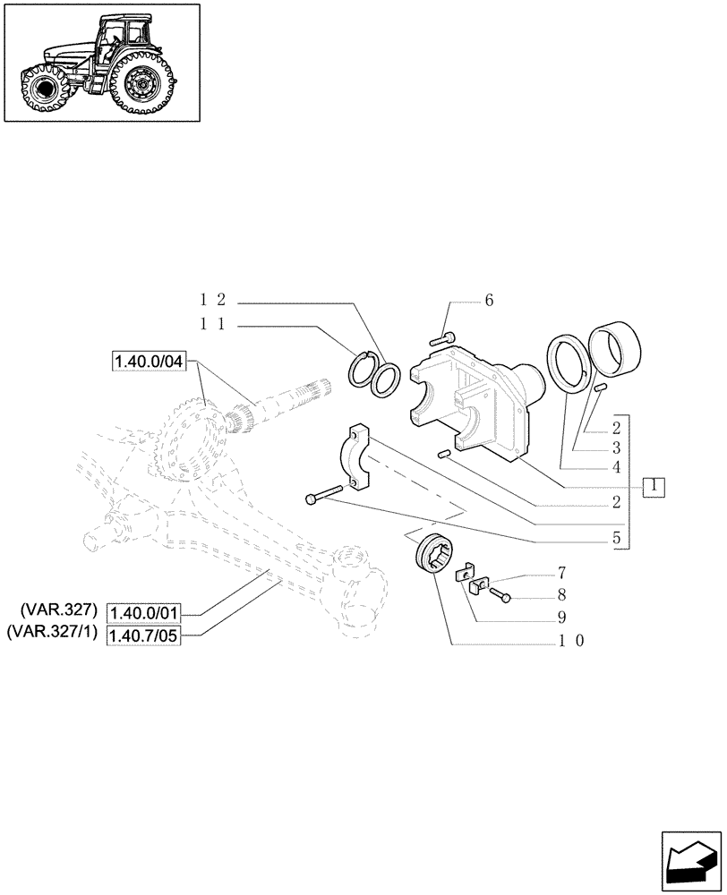 Схема запчастей Case IH JX1070U - (1.40. 7/01[01]) - (VAR.327-327/1) FRONT DIFFERENTIAL HYDRAULIC LOCKING - SUPPORT AND SHIMS (04) - FRONT AXLE & STEERING