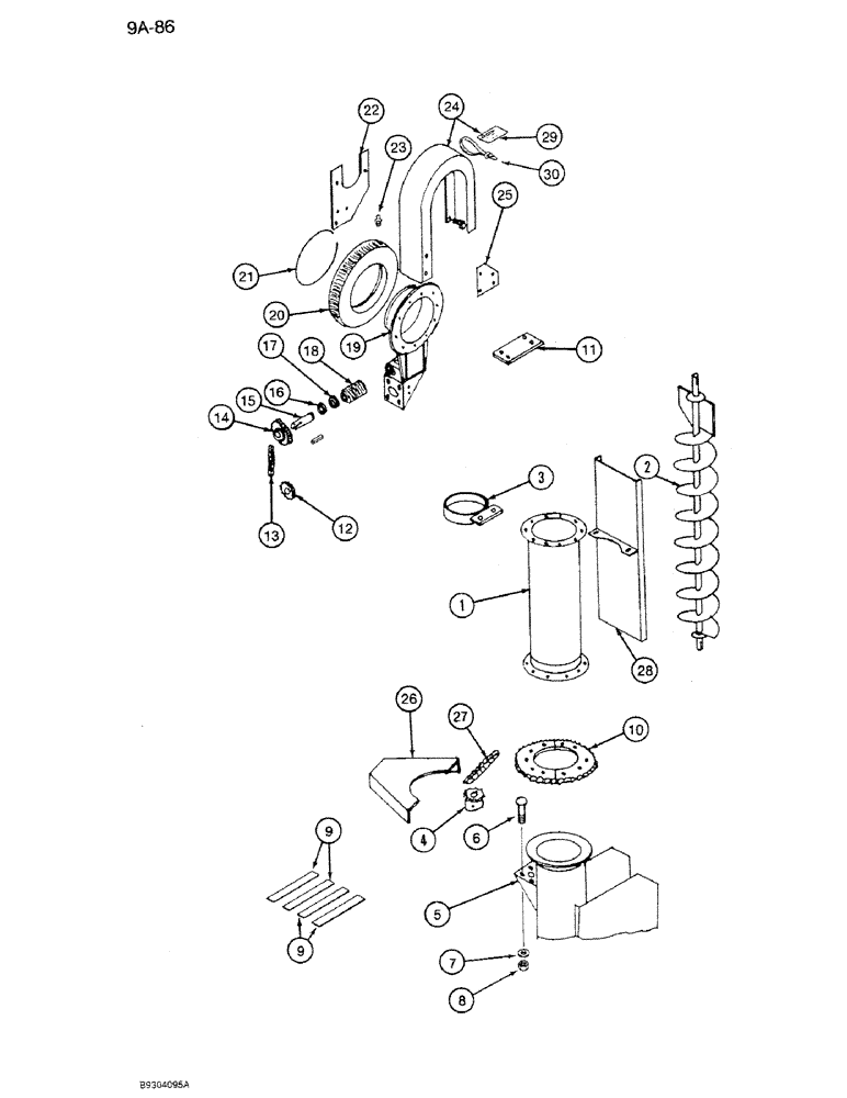 Схема запчастей Case IH 1250 - (9A-086) - DISCHARGE AUGER, WITH HYDRAULIC CONTROL, SWING AND RAISE MOTORS, 1250 MACHINES, PRIOR TO P.I.N. 7001 (09) - CHASSIS ATTACHMENTS