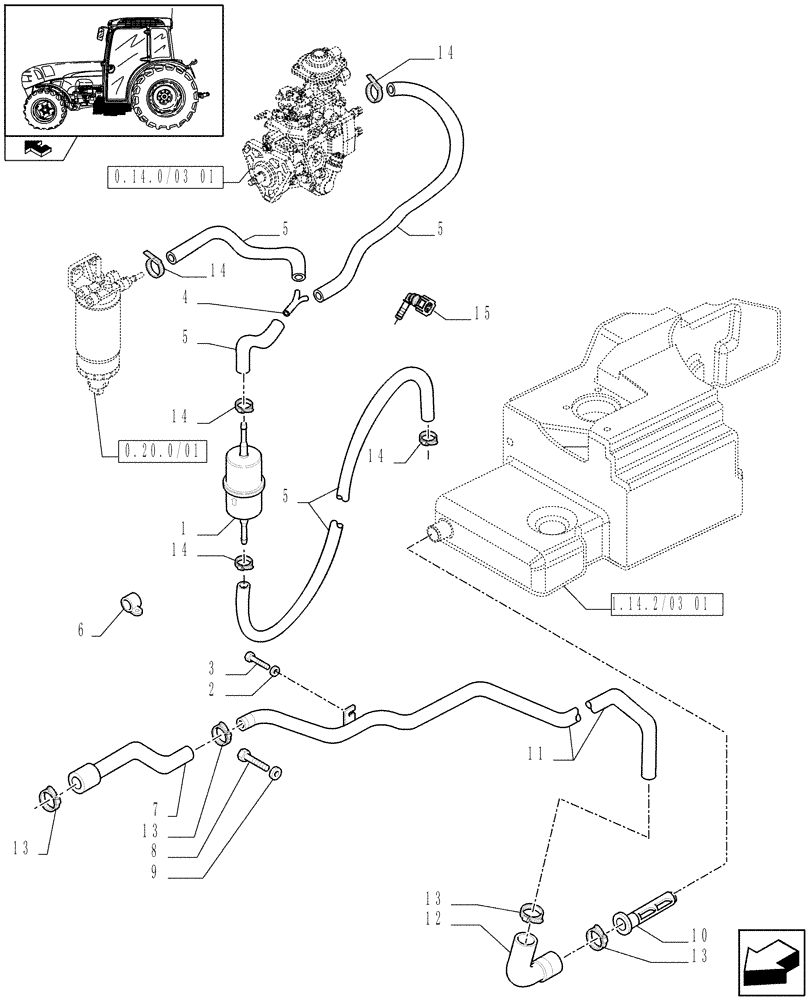 Схема запчастей Case IH FARMALL 95N - (1.14.2/03[03]) - SMALL FUEL TANK - FUEL LINES (VAR.332143 / 743501) (02) - ENGINE EQUIPMENT