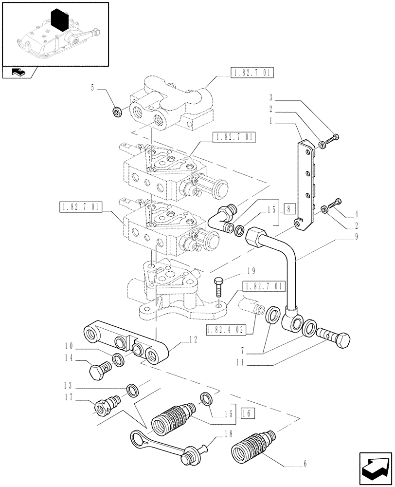 Схема запчастей Case IH FARMALL 95N - (1.82.7[03]) - 2 REAR REMOTES FOR MDC - BRACKETS, UNION AND QUICK COUPLING (07) - HYDRAULIC SYSTEM