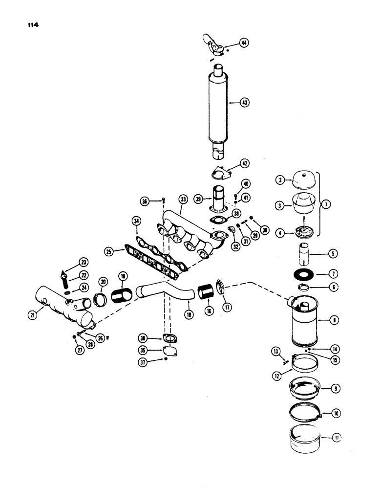 Схема запчастей Case IH 430 - (114) - AIR CLEANER, MANIFOLD AND MUFFLER, PRIOR TO S/N 8262800, 430 MODEL, 188 DIESEL ENGINE (02) - ENGINE