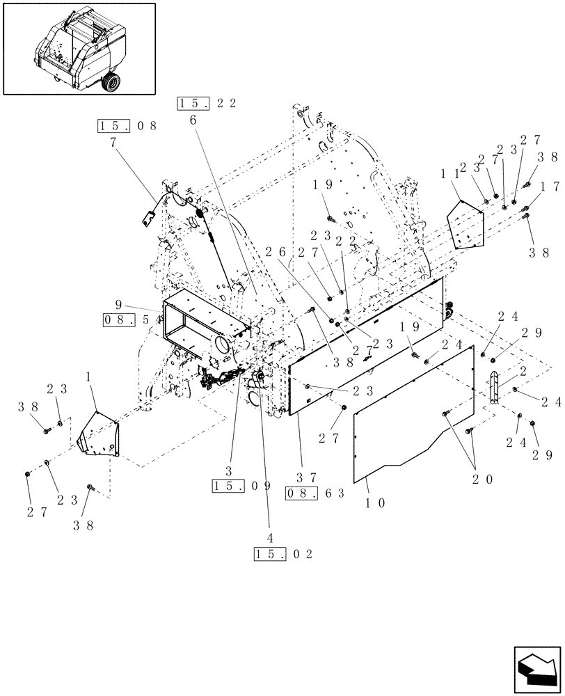 Схема запчастей Case IH RBX563 - (15.06[1]) - ELECTRIC TWINE WRAP, SHIELDS, PRIOR TO P.I.N. Y6N016413 (15) - KNOTTER /WRAPPER