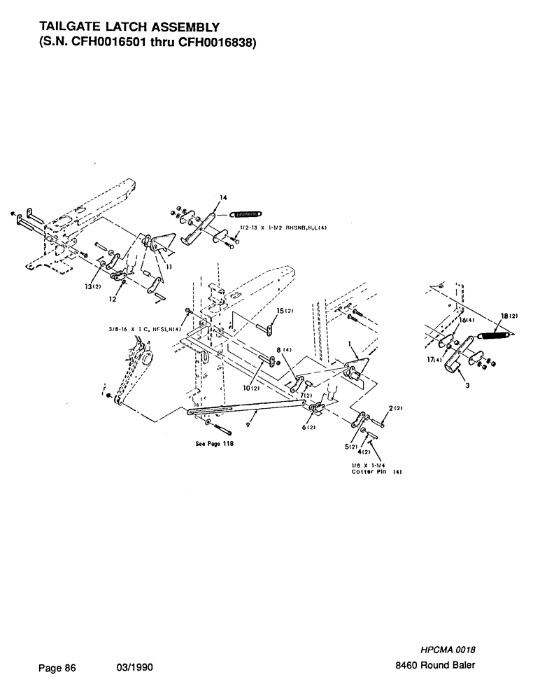 Схема запчастей Case IH 8460 - (086) - TAILGATE LATCH ASSEMBLY, SERIAL NUMBER CFH0016501 THROUGH CFH0016838 (16) - BALE EJECTOR