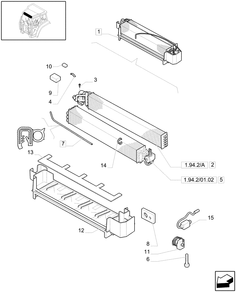 Схема запчастей Case IH JX1090U - (1.94.2/01B[01]) - (VAR.641-641/1) AIR CONDITIONING - RADIATOR CORES AND EVAPORATOR (10) - OPERATORS PLATFORM/CAB