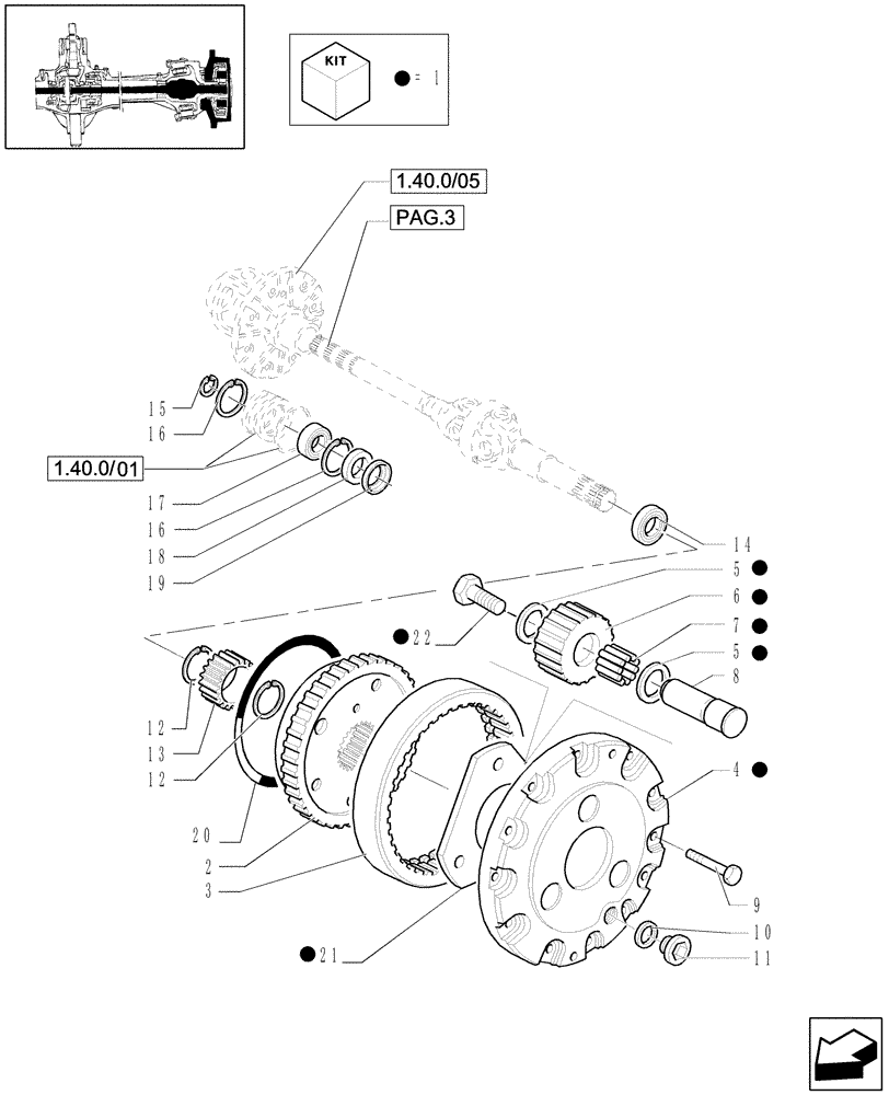 Схема запчастей Case IH JX1100U - (1.40. 0/06[04A]) - FRONT AXLE 4WD - EPICYCLIC REDUCTION GEAR - D4998 (04) - FRONT AXLE & STEERING