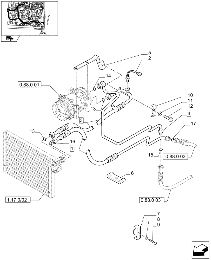 Схема запчастей Case IH FARMALL 85N - (0.88.0[02]) - AIR CONDITIONING - PIPES AND RELATED PARTS (VAR.330641 / 743539; VAR.332641 / 743540) (01) - ENGINE