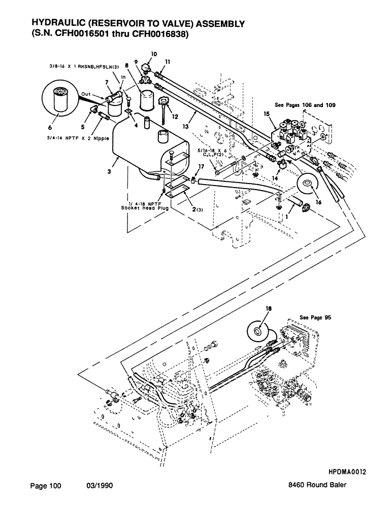 Схема запчастей Case IH 8460 - (100) - HYDRAULIC, RESERVIOR TO VALVE, ASSEMBLY, SERIAL NUMBER CFH0016501 THROUGH CFH0016838 (07) - HYDRAULICS