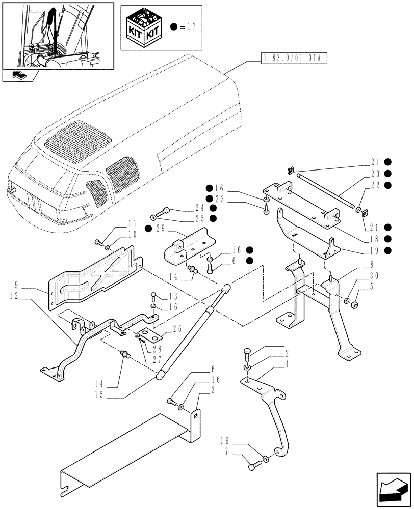 Схема запчастей Case IH FARMALL 95N - (1.83.0/01[06A]) - HOOD GAS SPRING, HINGE SUPPORT AND HEAT SHIELD PROTECTION - D7050 (08) - SHEET METAL