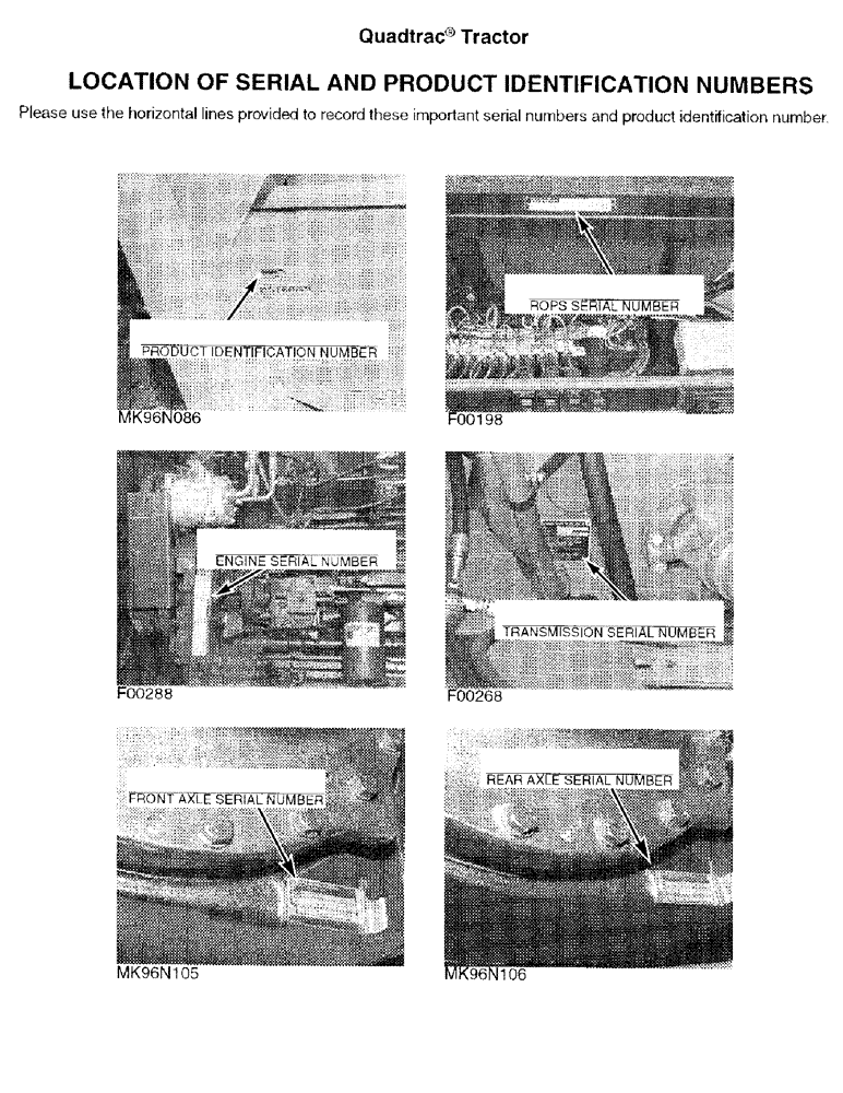 Схема запчастей Case IH 9380 QUADTRAC - (1-02) - LOCATION OF SERIAL AND PRODUCT IDENTIFICATION NUMBERS (00) - PICTORIAL INDEX