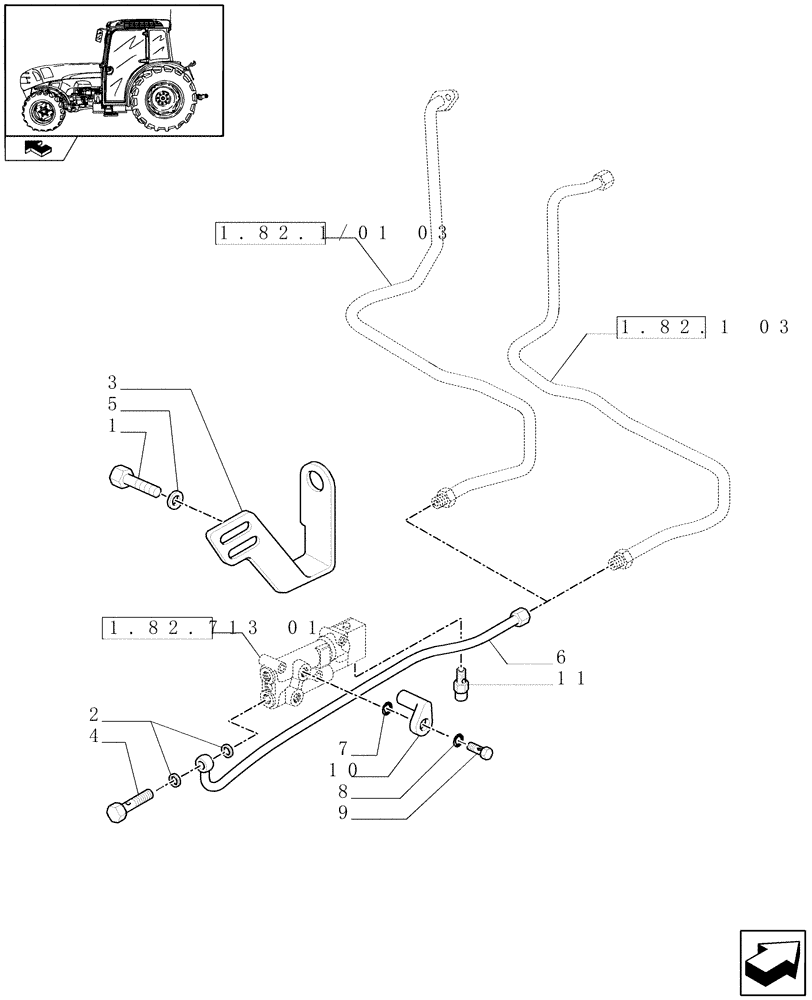 Схема запчастей Case IH FARMALL 95N - (1.82.713[02]) - HYDRAULIC TRAILER BRAKE (INTERNATIONAL) - PIPES (VAR.330371-331371) (07) - HYDRAULIC SYSTEM