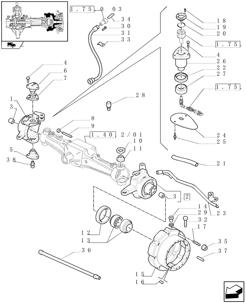 Схема запчастей Case IH MAXXUM 110 - (1.40.2/02) - (CL.3) SUSPENDED FRONT AXLE WITH HYDR. DIF. LOCK, ST. SENSOR AND BRAKES - STEERING AXLES AND HUBS (VAR.330427) (04) - FRONT AXLE & STEERING