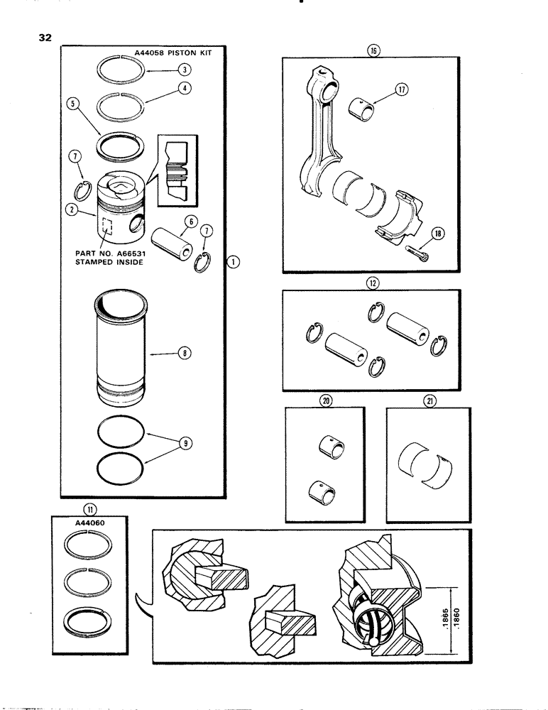 Схема запчастей Case IH 336DT - (032) - PISTON ASSY. & CONNECTING RODS, ENGINE LESS FUEL DEVICE, 336D NATRUALLY ASPIRATED ENGINES, 57C, 57E 