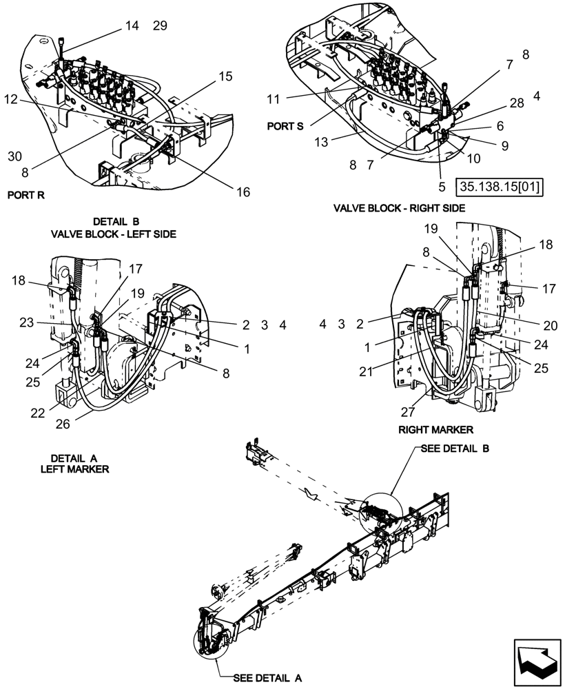 Схема запчастей Case IH 1250 - (35.739.02[01]) - HYDRAULICS - HOSE ROUTING - MARKER - 16 ROW BSN Y9S007001 (35) - HYDRAULIC SYSTEMS