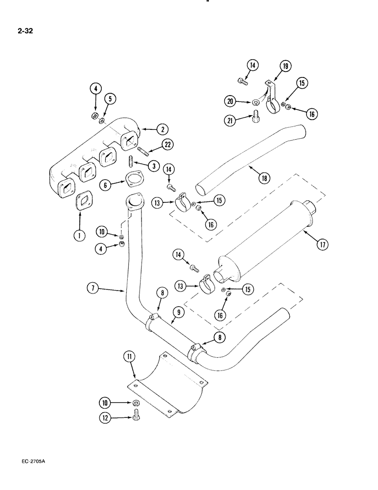 Схема запчастей Case IH 885 - (2-032) - EXHAUST AND MANIFOLD, UNDERSLUNG, PRIOR TO P.I.N. 18001 (02) - ENGINE