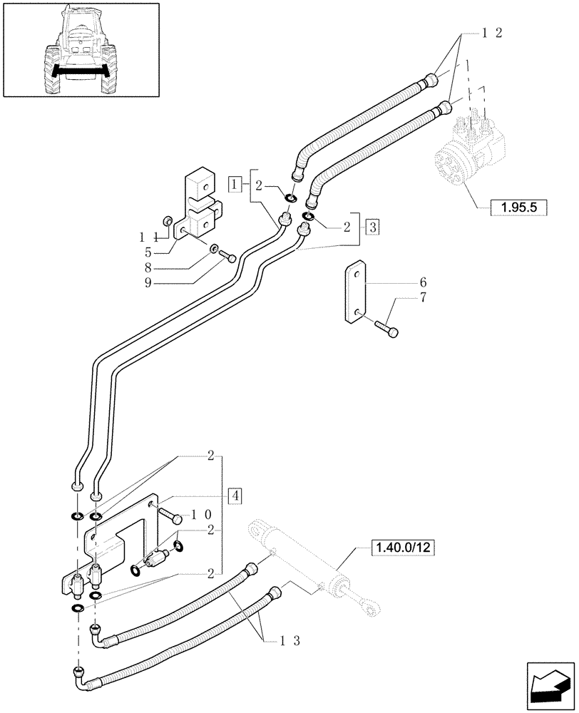 Схема запчастей Case IH MXU130 - (1.42.0[02]) - 4WD STEERING CYLINDER PIPES AND POWER STEERING PIPES (04) - FRONT AXLE & STEERING