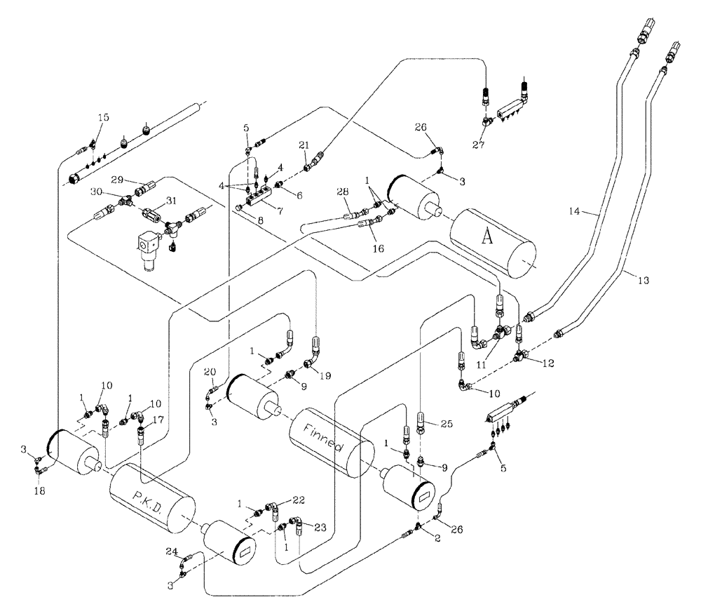 Схема запчастей Case IH 7700 - (B08[01]) - HYDRAULIC CIRCUIT,  PKD,FINNED, 1ST FLOATING ROLLERS Hydraulic Components & Circuits