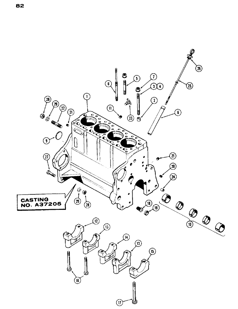 Схема запчастей Case IH 430 - (082) - CYLINDER BLOCK ASSY., CASTING NO. A37205, 430 AND 530 SERIES, 188 DIESEL ENGINE (02) - ENGINE