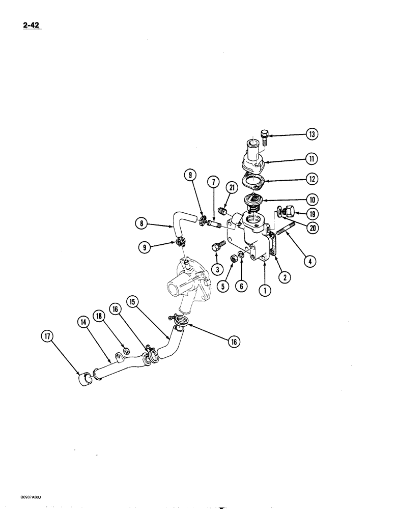 Схема запчастей Case IH 1818 - (2-042) - THERMOSTAT, HOUSING AND TUBES, DIESEL MODELS (02) - ENGINE