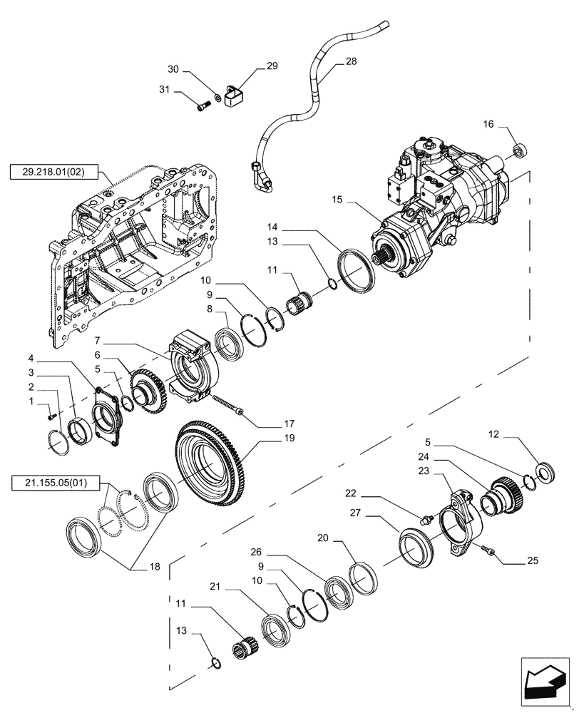 Схема запчастей Case IH MAGNUM 225 - (29.218.01[03]) - TRANSMISSION, HYDROSTATIC PUMP, PUMP AND GEARS, WITH CONTINUOUSLY VARIABLE TRANSMISSION (29) - HYDROSTATIC DRIVE