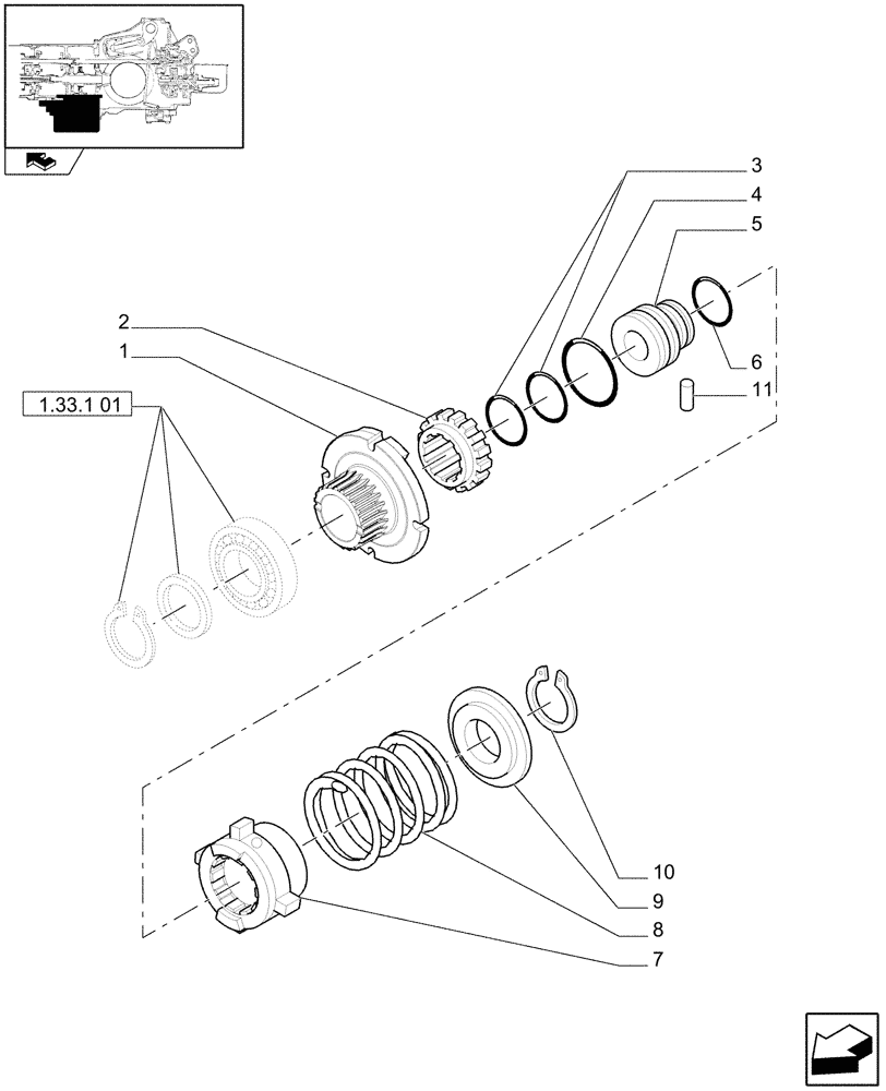 Схема запчастей Case IH FARMALL 105V - (1.33.1[02]) - TRANSMISSION GEARS - 4WD, DRIVEN GEAR AND SLIDING SLEEVE (04) - FRONT AXLE & STEERING