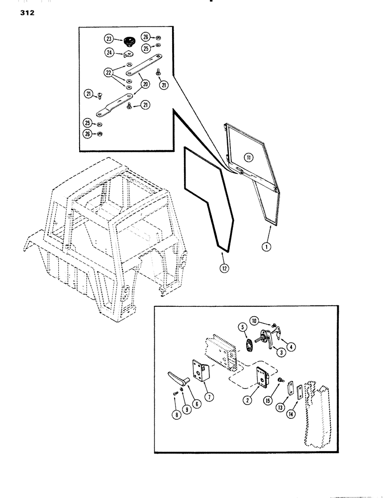 Схема запчастей Case IH 1090 - (312) - CAB, DOOR, HINSON (09) - CHASSIS/ATTACHMENTS