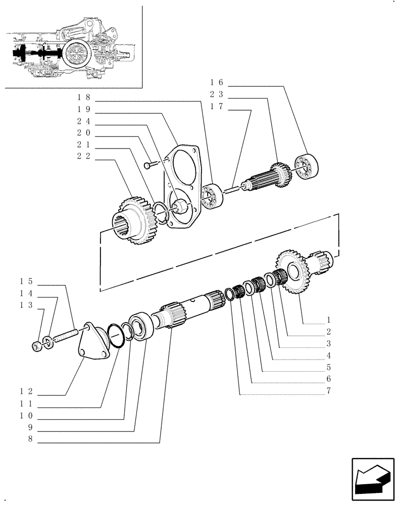 Схема запчастей Case IH JX70U - (1.28.1/02[01]) - (VAR.113-119-119/1) SYNCHRONIZED CREEPER AND REVERSER UNIT - SHAFTS AND GEARS (03) - TRANSMISSION