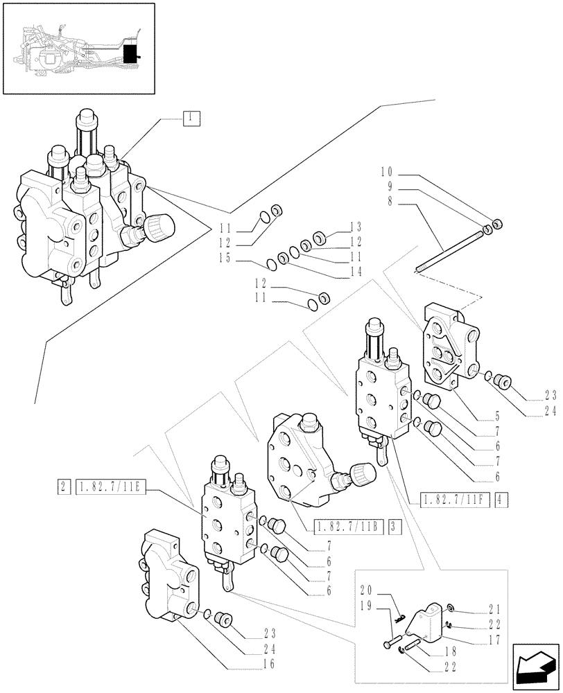 Схема запчастей Case IH JX100U - (1.82.7/11A[02]) - (VAR.386-389) TWO FRONT CONTROL VALVES - PARTS AND BODY SIDES - D4903 (07) - HYDRAULIC SYSTEM