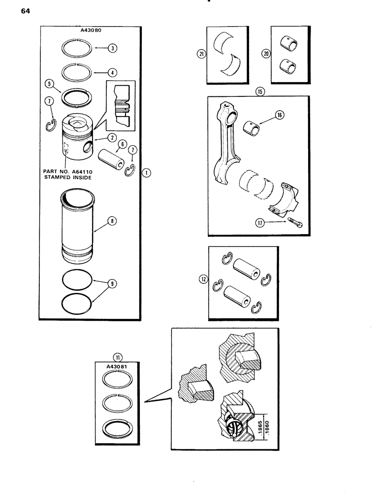 Схема запчастей Case IH 504BDT - (064) - PISTON ASSY & CONNECTING RODS, ENG. L/FUEL DEVICE, 504BDT TURBOCHARGED ENG. W/O OIL COOLED PISONS, B (02) - ENGINE