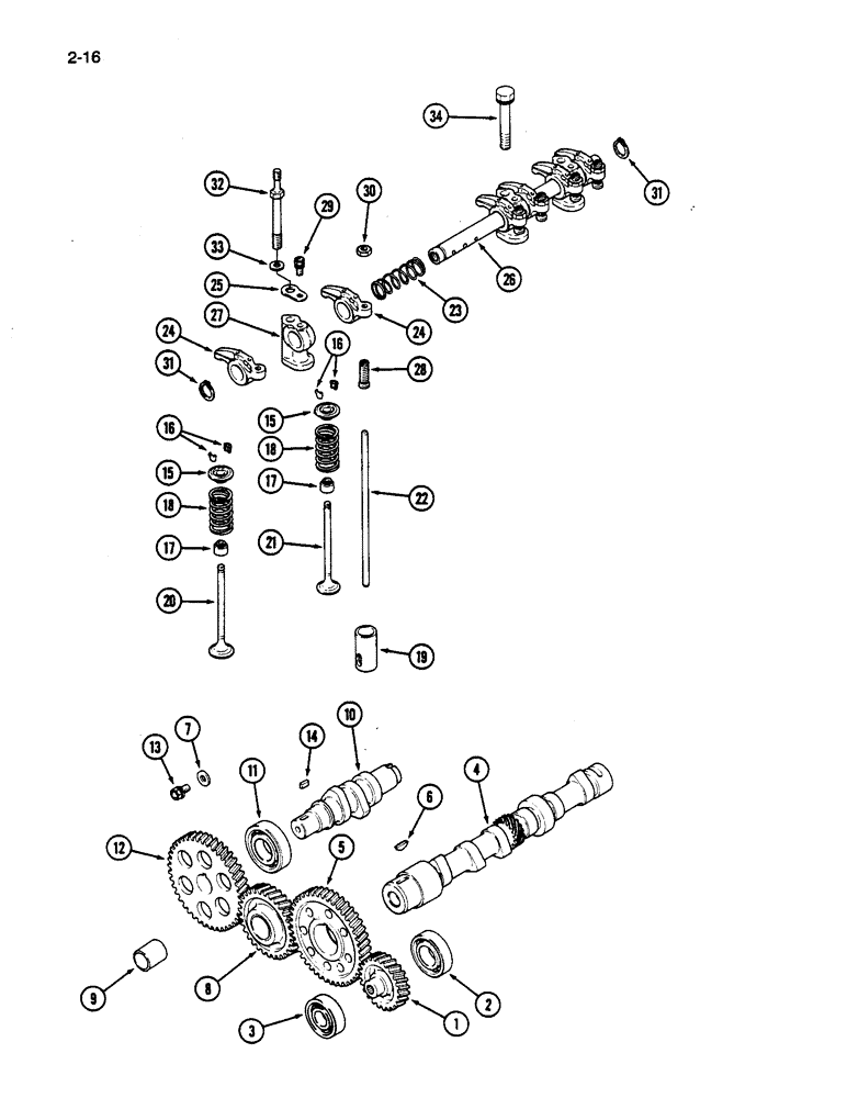 Схема запчастей Case IH 245 - (2-16) - CAMSHAFT, VALVE MECHANISM AND GEARS (02) - ENGINE