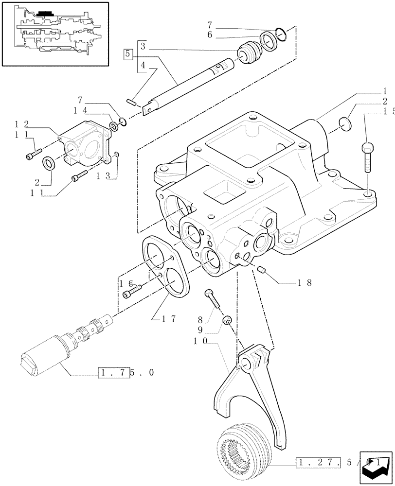 Схема запчастей Case IH MAXXUM 100 - (1.29.9/01[01]) - TRANSMISSION 24X24 HI-LO - COVER FOR REVERSER – FORK AND VALVES (STD + VAR.330282) (03) - TRANSMISSION