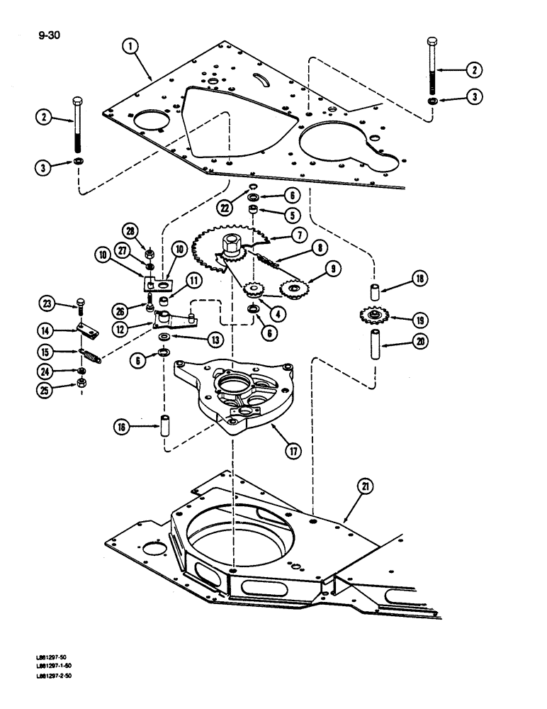 Схема запчастей Case IH 1822 - (9-030) - SPROCKETS, IDLER ARM AND CAM, REAR OF DRUM (13) - PICKING SYSTEM