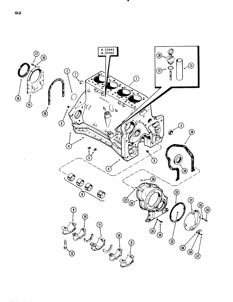 Схема запчастей Case IH 830-SERIES - (092) - CYLINDER BLOCK ASSEMBLY, MODEL 830, 284 SPARK IGNITION ENGINE, CASTING NO. A23442 AND A23552 (02) - ENGINE