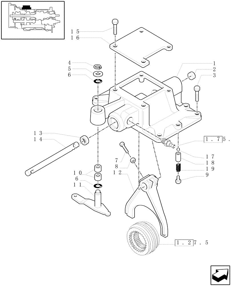 Схема запчастей Case IH MAXXUM 110 - (1.29.9) - TRANSMISSION 12X12 - COVER FOR REVERSER - FORK (03) - TRANSMISSION