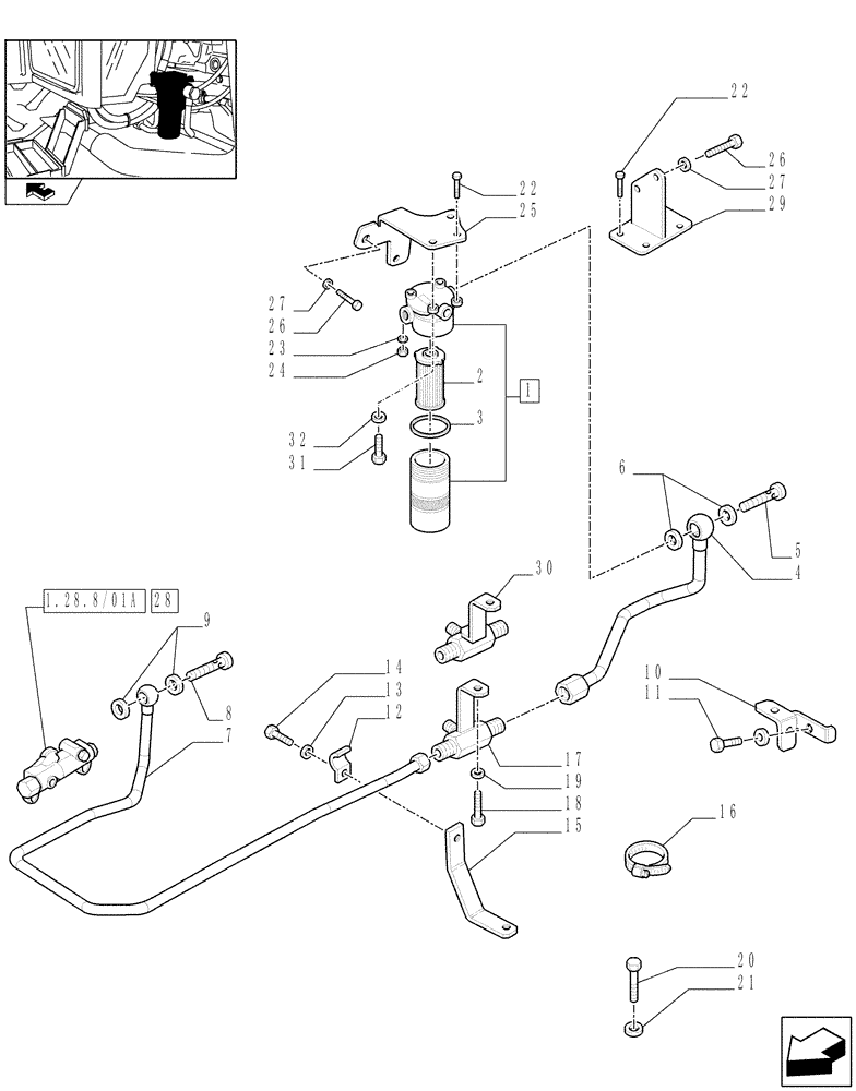 Схема запчастей Case IH FARMALL 95N - (1.28.8/02[01]) - GEARBOX LUBRIFICATION PIPES AND OIL FILTER (03) - TRANSMISSION