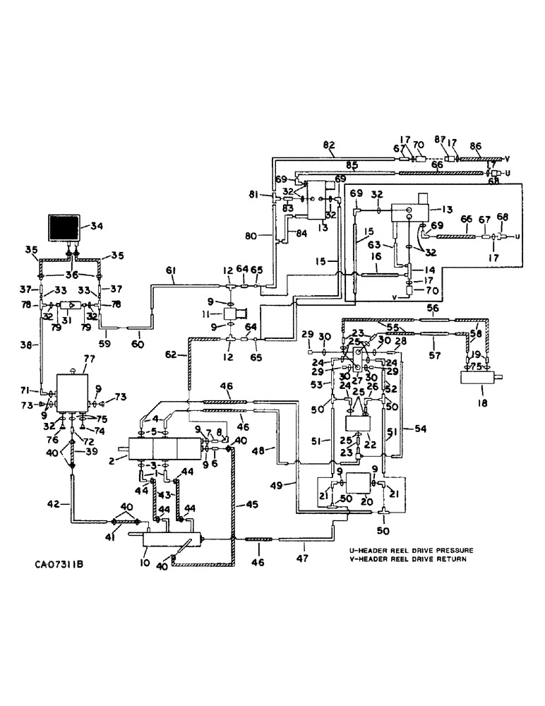 Схема запчастей Case IH 1470 - (10-29) - HYDRAULICS, HYDRAULIC DIAGRAM, HEADER AND REEL DRIVE, SERIAL NOS. 10001 THROUGH 20000 (07) - HYDRAULICS