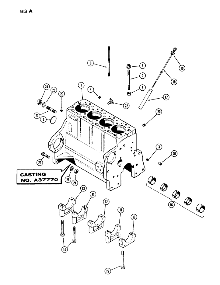 Схема запчастей Case IH 430 - (083A) - CYL. BLOCK ASSY., CASTING NO. A37770, ENG S/N 2610998 THRU 2614826, 430 AND 530 SERIES, 188 DSL ENG. (02) - ENGINE