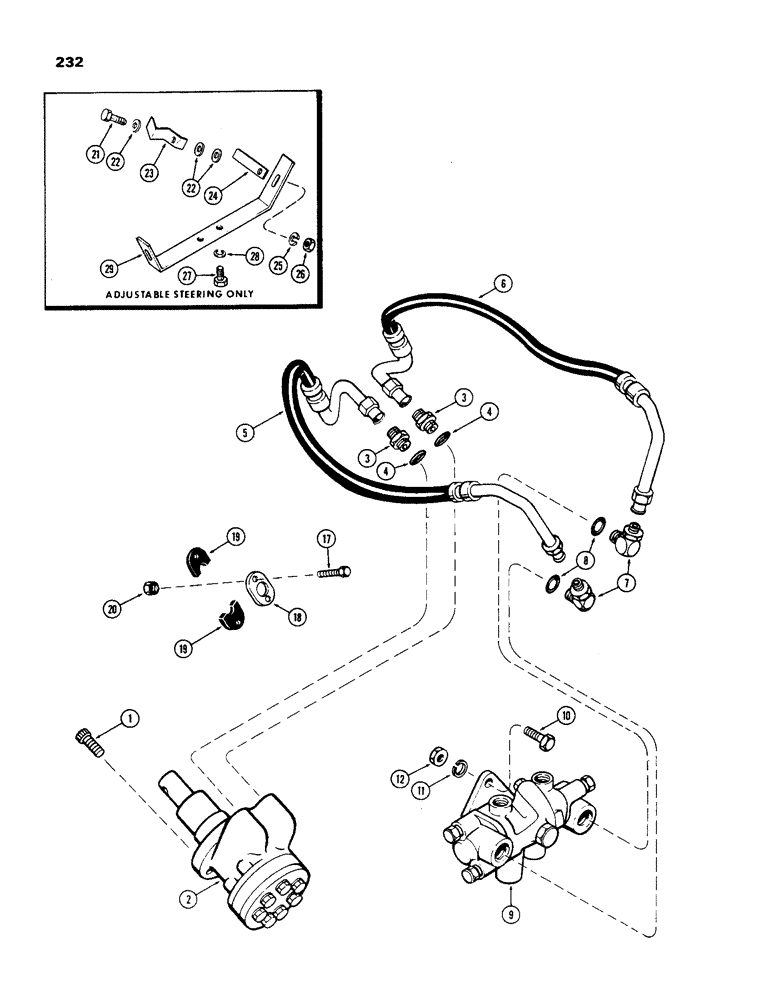 Схема запчастей Case IH 970 - (232) - HYDROSTATIC STEERING SYSTEM, WITH ADJUSTABLE AXLE OR DUAL FRONT WHEELS PRIOR TO TRACTOR SN 8693001 (05) - STEERING