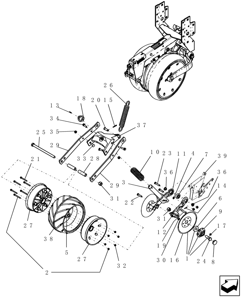 Схема запчастей Case IH 1200 - (L.10.F[13]) - PRESS WHEEL & COVERING DISC, WITH LH LEADING DISC OPENER (RH SIDE OF PLANTER, BTW CBJ0001611 AND MARCH 2007) L - Field Processing