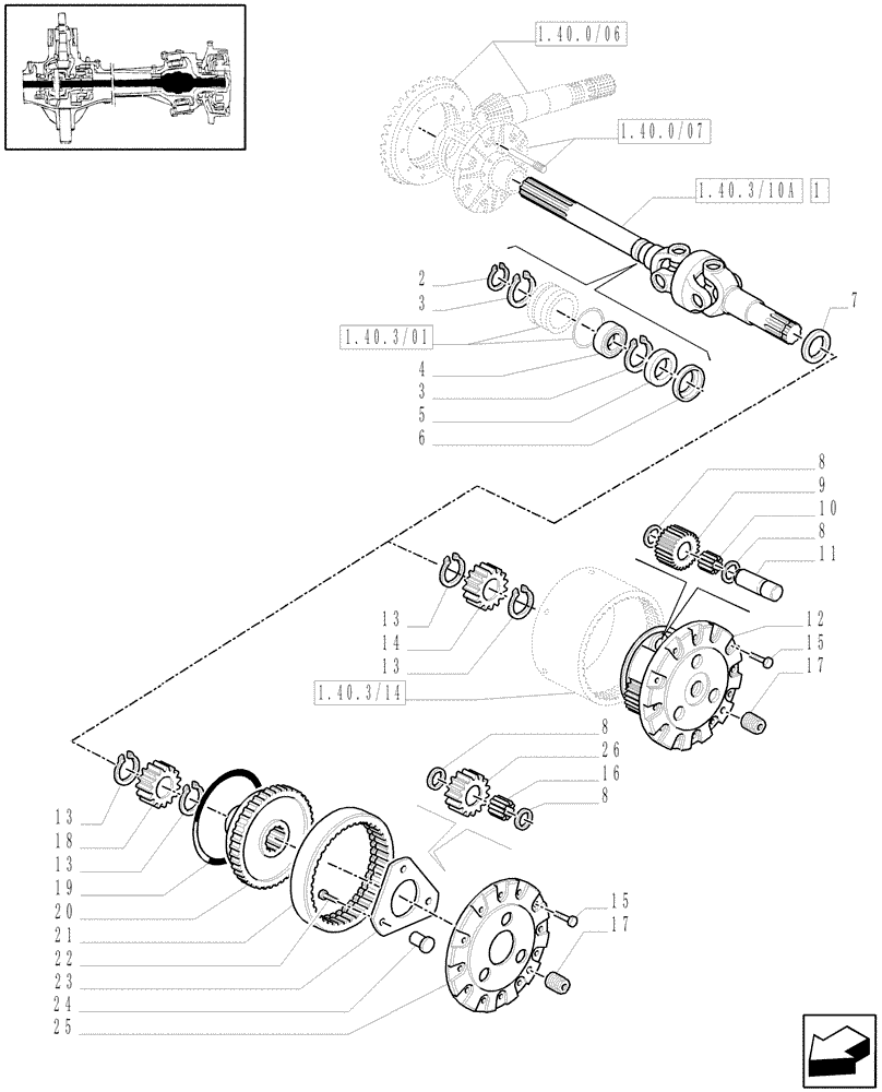 Схема запчастей Case IH MXU100 - (1.40.4/10[01]) - (VAR.309/1) 4WD FRONT AXLE W/SUSPENSIONS AND TERRAL., BRAK. - DIFF. GEARS AND DIFF. SHAFT - C5025 (04) - FRONT AXLE & STEERING