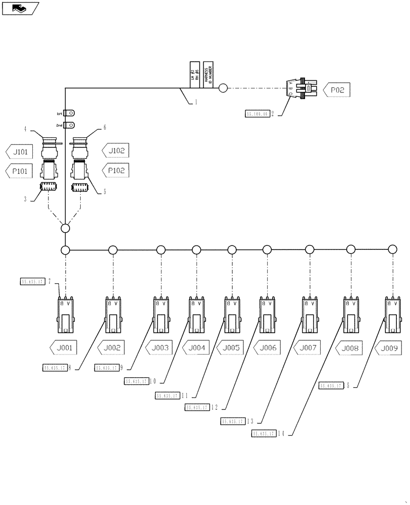 Схема запчастей Case IH 4430 - (55.100.43) - AIM COMMAND HARNESS, 7 SECTION, 120 BOOM, MID SECTION, 9 NOZZLES (55) - ELECTRICAL SYSTEMS